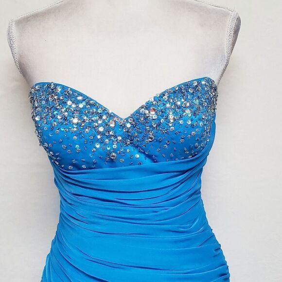 JOLI Prom Blues Ruched Sequin Beaded Bubble Hem Strapless Formal Maxi Dress 12 - Picture 6 of 16